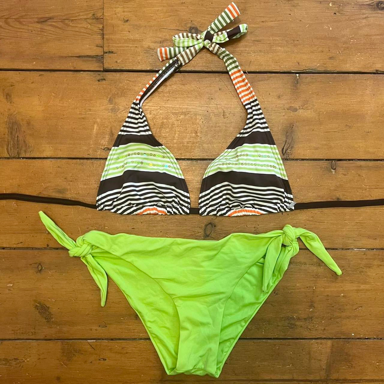 vintage 00s green and brown striped bikini set with sequins