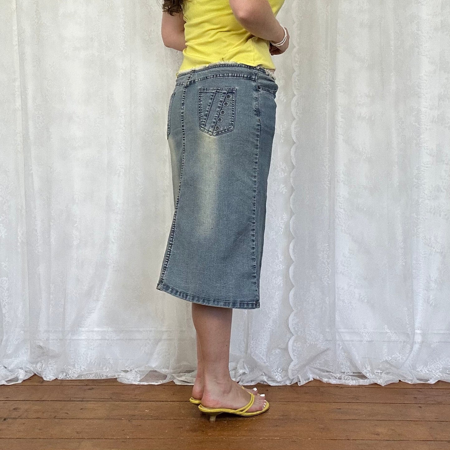 vintage 00s denim tie front midi skirt