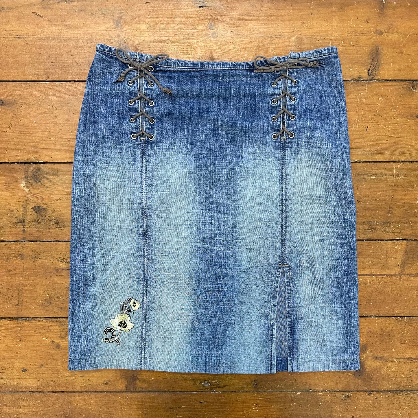 vintage 00s denim midi skirt with corset tie up sides