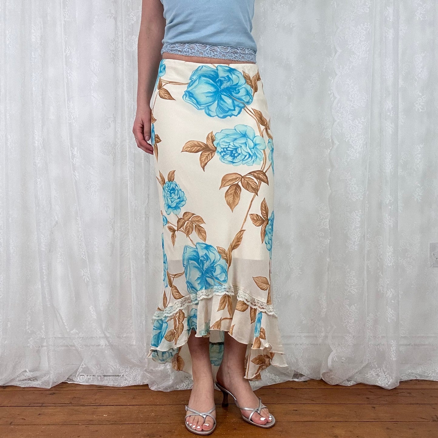 vintage 00s beige and blue floral mesh midi skirt
