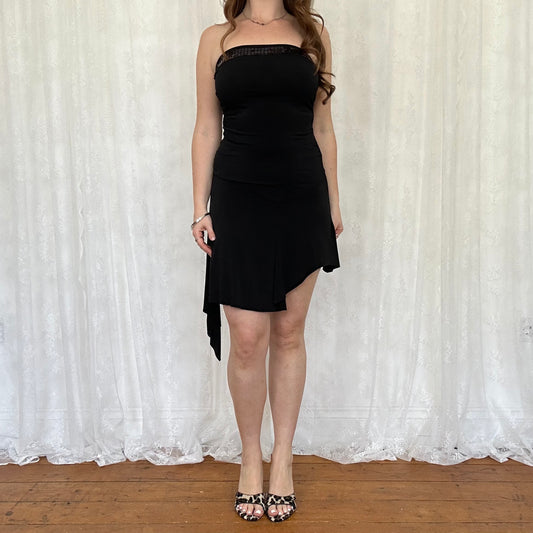 vintage 00s black strapless sequin fairy hem mini dress