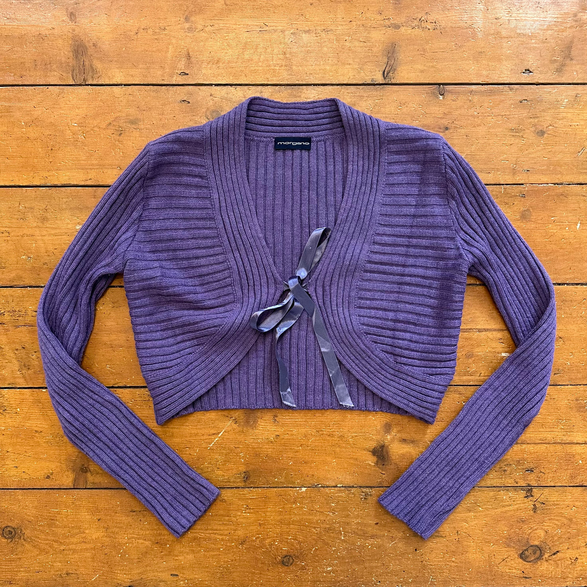 vintage 00s purple ribbed tie up cardigan