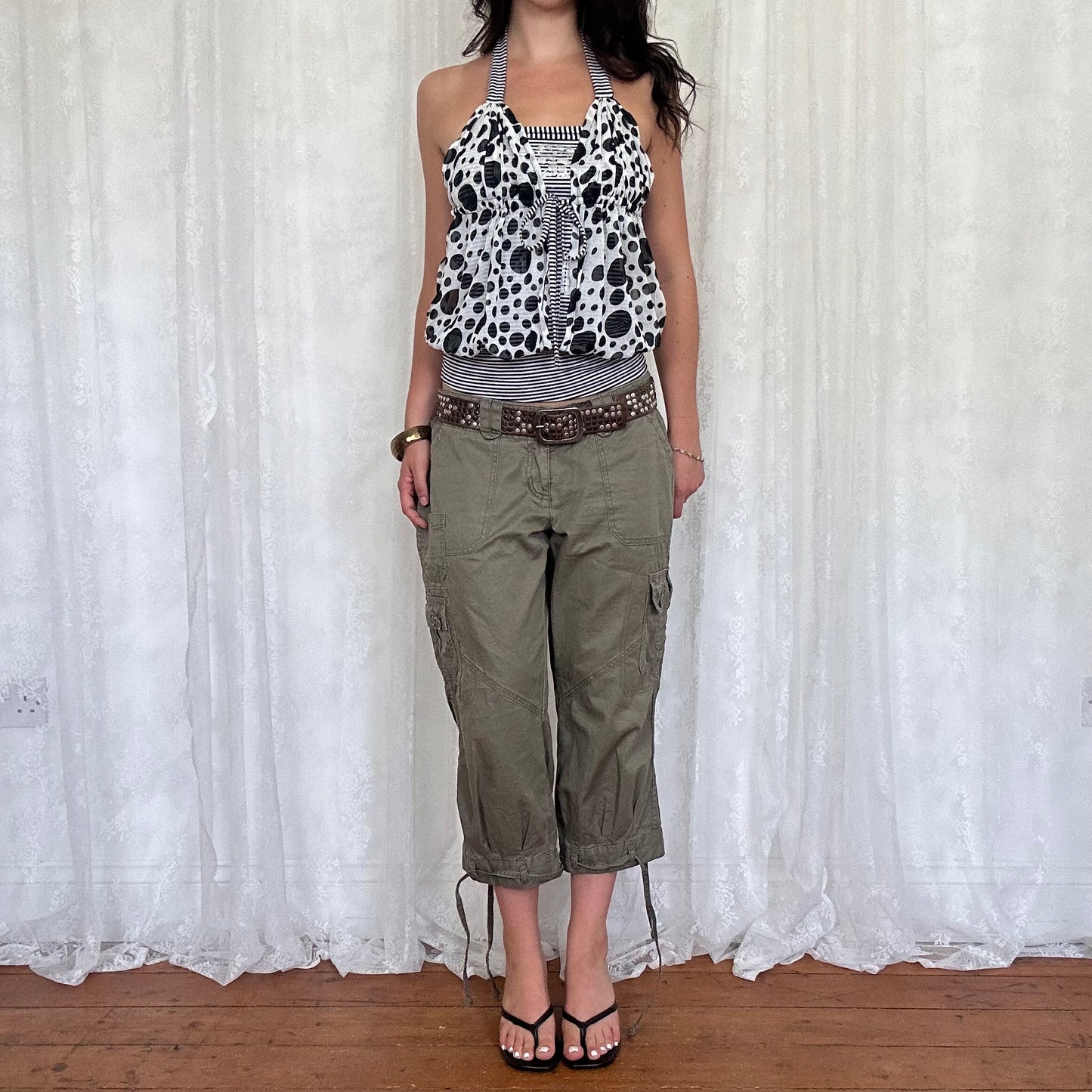 vintage 00s polka dot striped double layered halter top