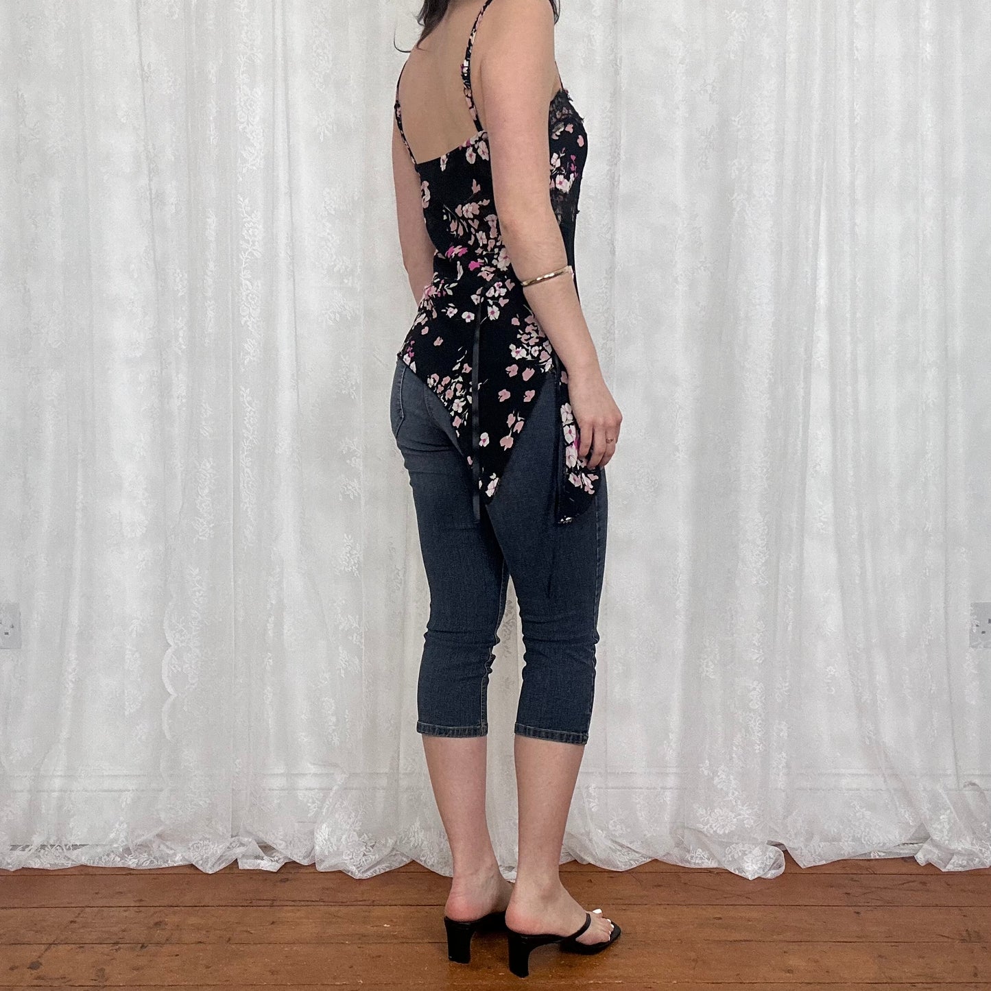 vintage 00s black floral asymmetrical cami