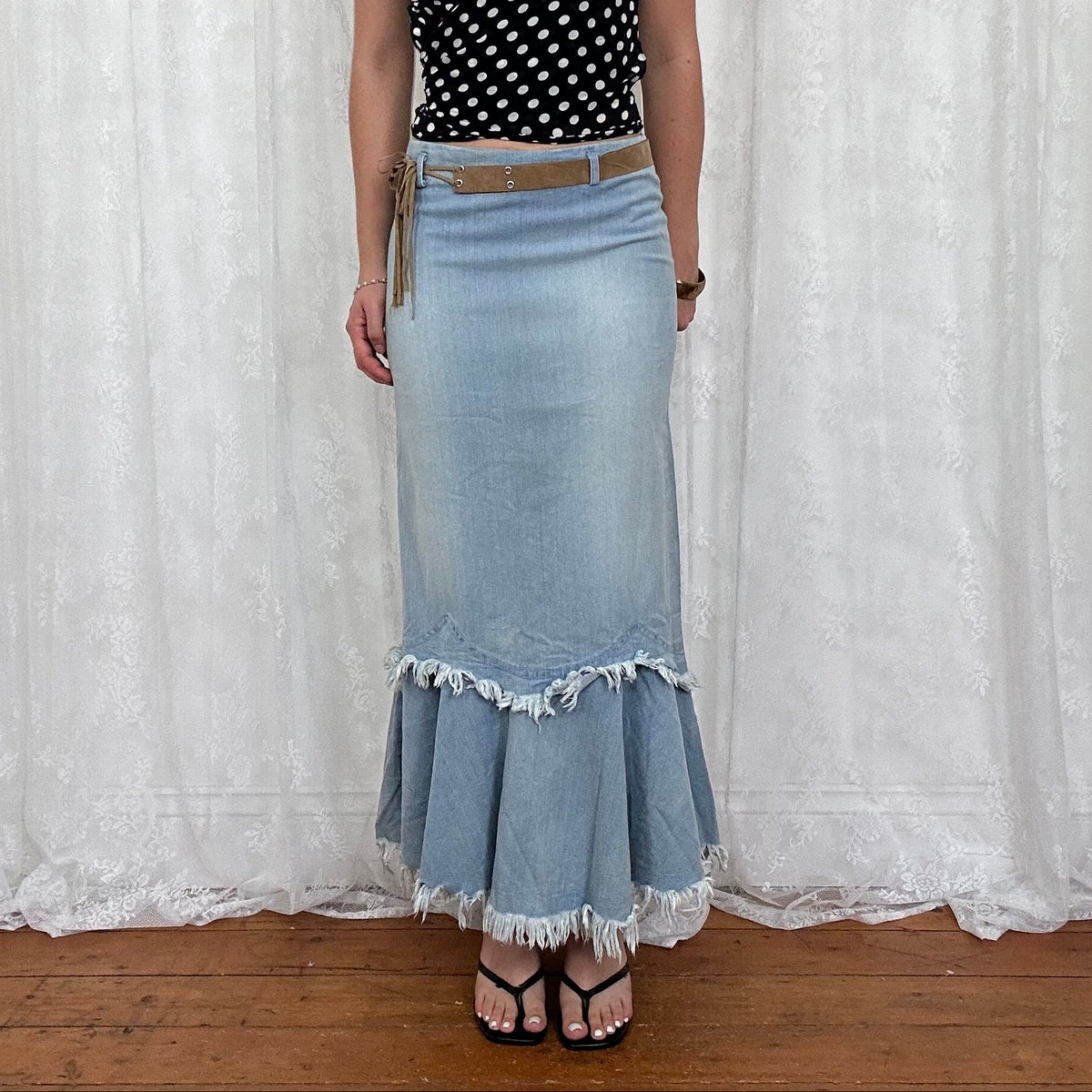 vintage 00s denim fishtail maxi skirt with attached belt