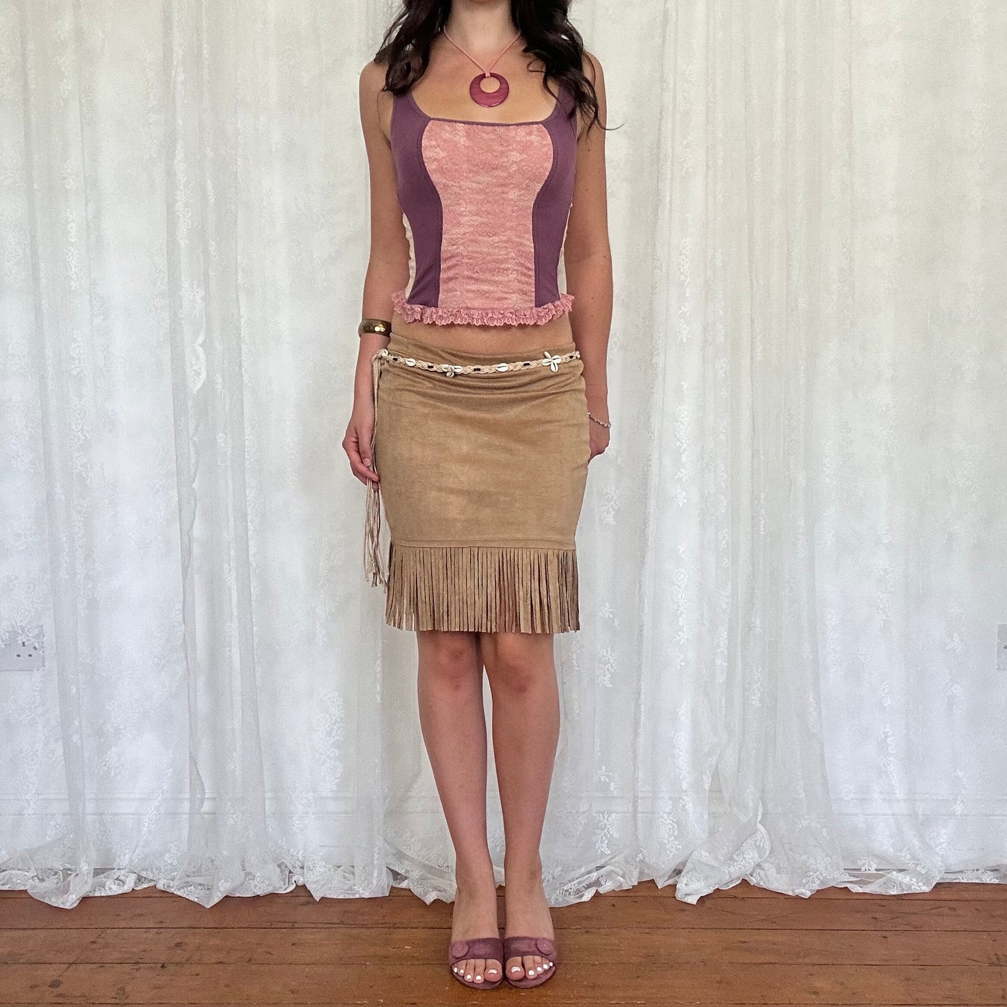 vintage 00s tan faux suede fringe midi skirt