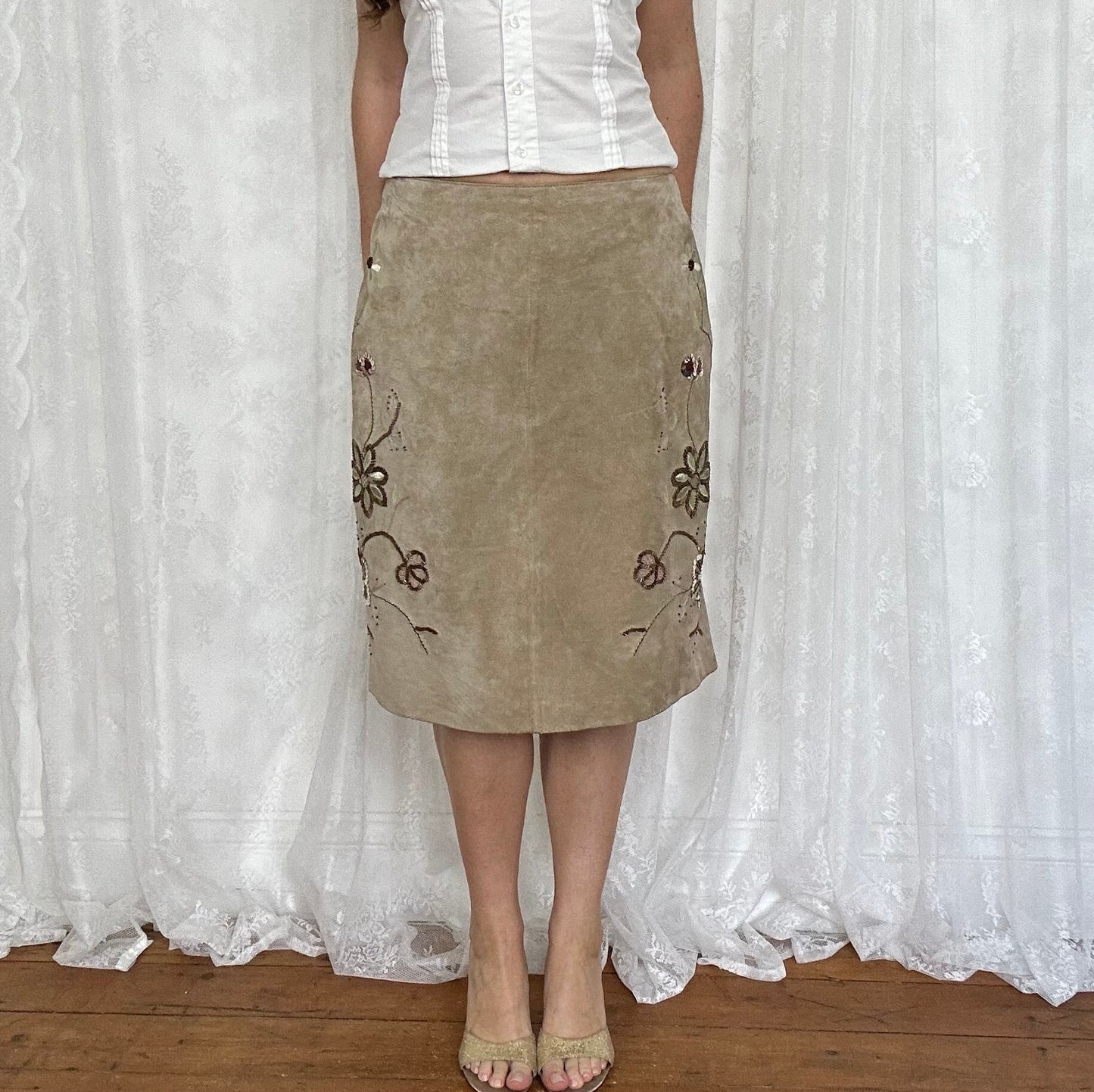 vintage 00s leather sequin embroidered midi skirt