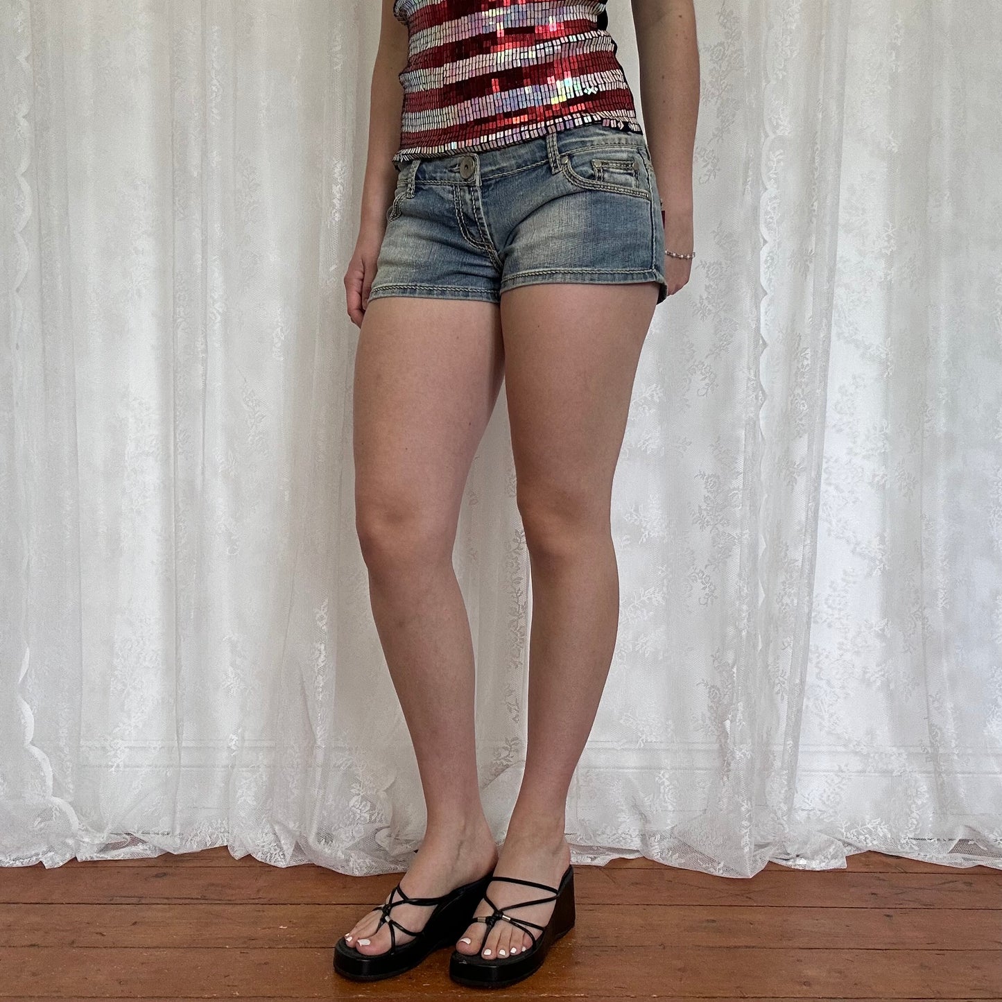 vintage 00s denim micro mini shorts with contrast stitching