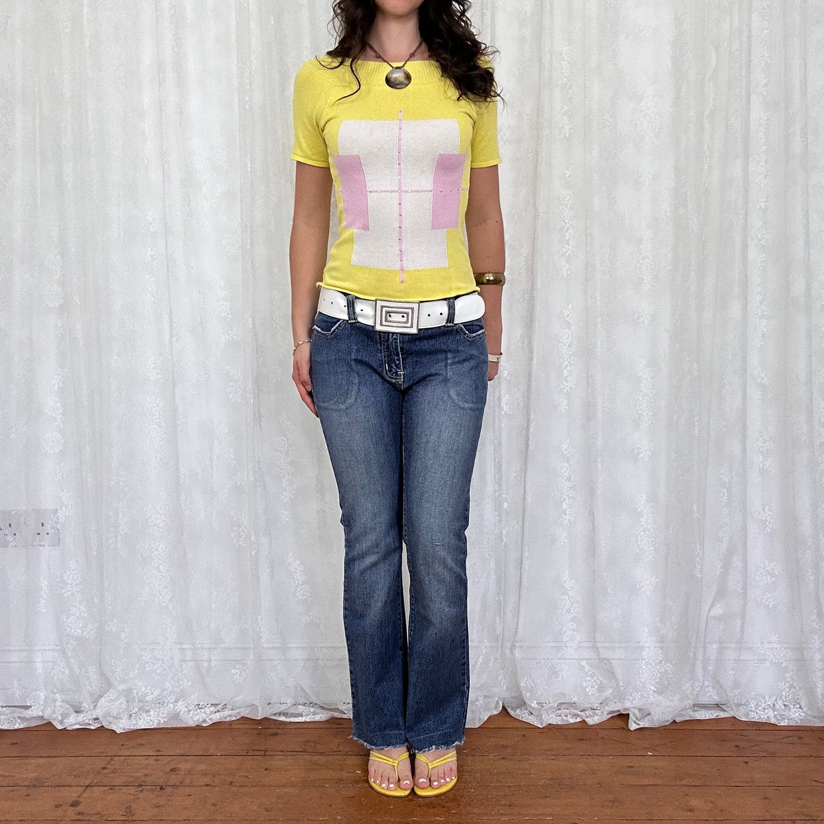 vintage 00s yellow and pink argyle knit top