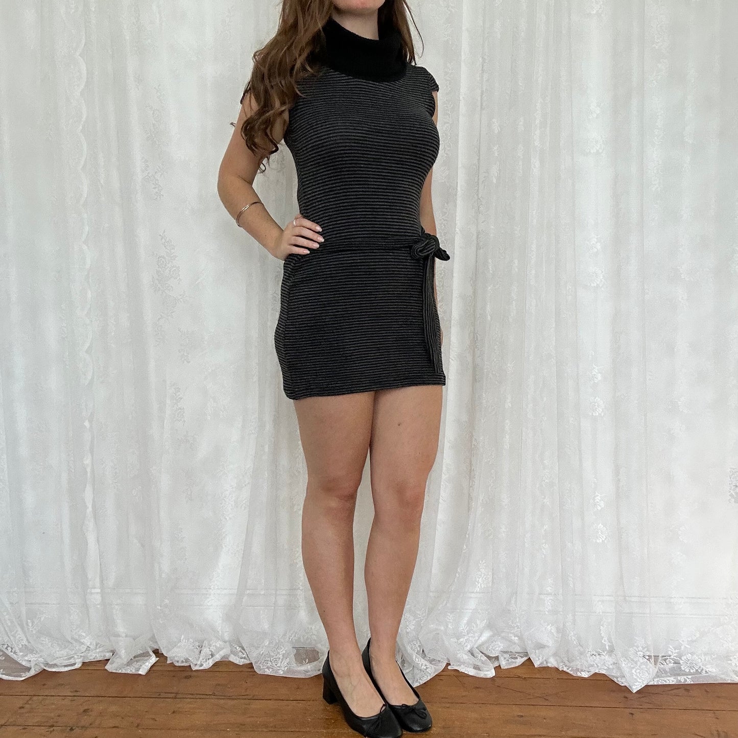 vintage 00s black and grey striped knitted mini dress