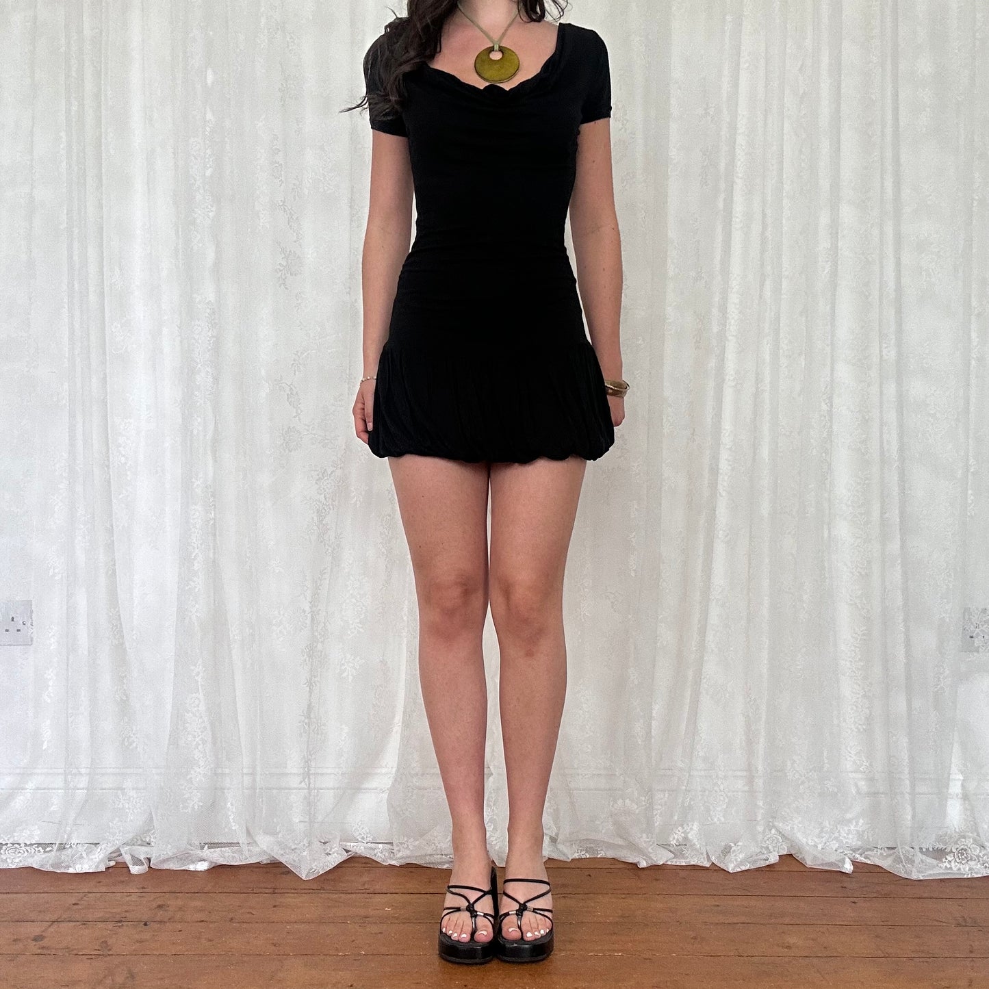 vintage 00s black cowl neck bubble mini dress
