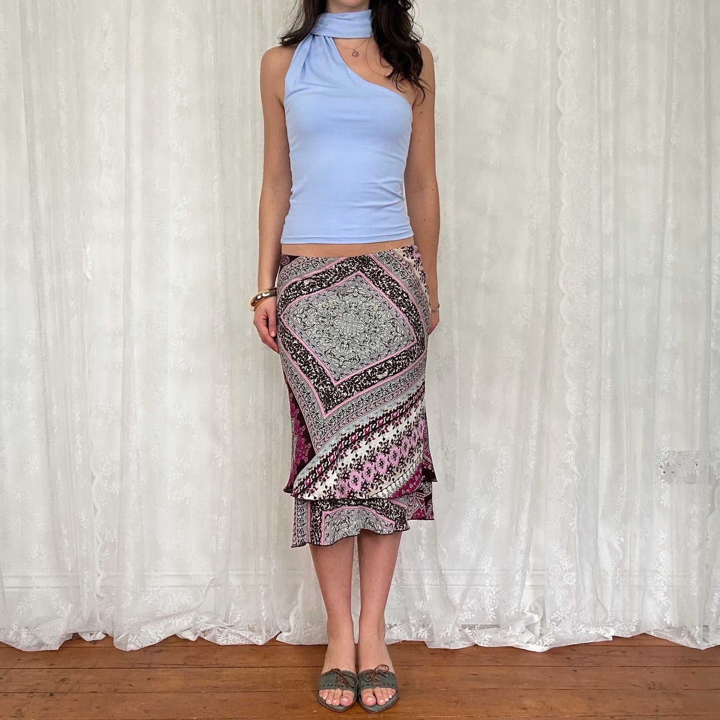 vintage 00s powder blue one shoulder scarf top