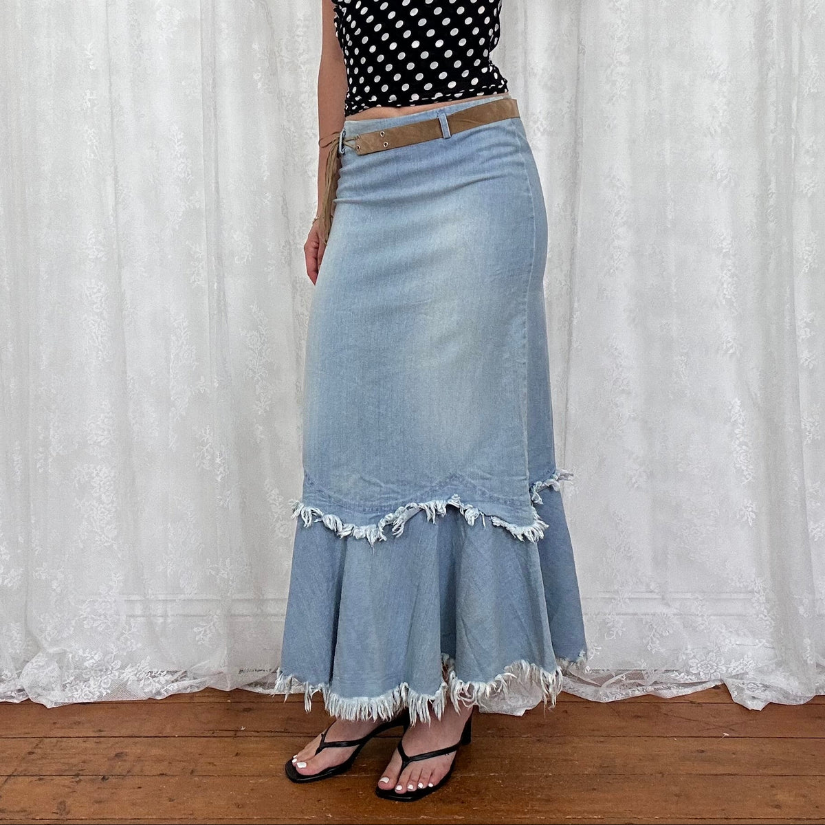 vintage 00s denim fishtail maxi skirt with attached belt