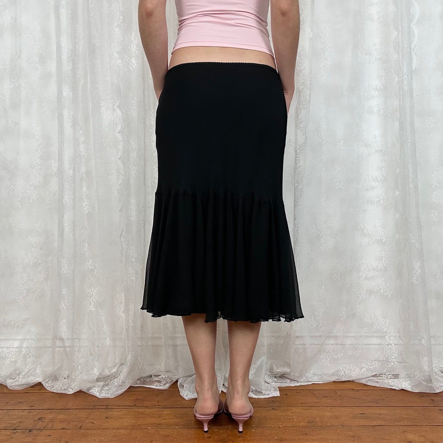 vintage 00s black mesh sequin midi skirt