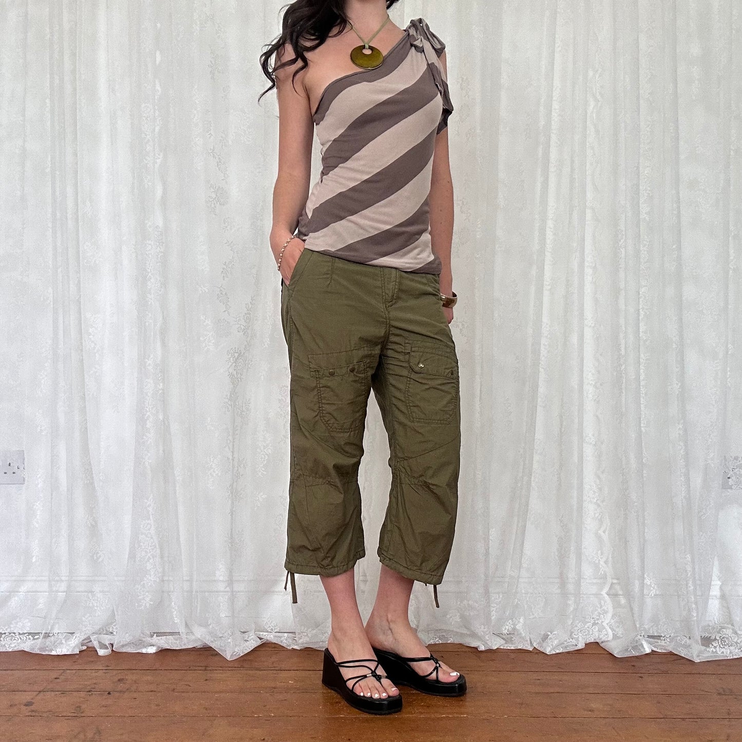 vintage 00s brown striped one shoulder top