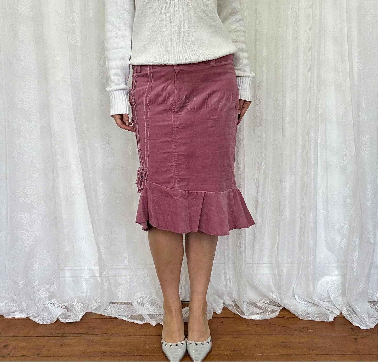 vintage 00s pink cord flower detail midi skirt