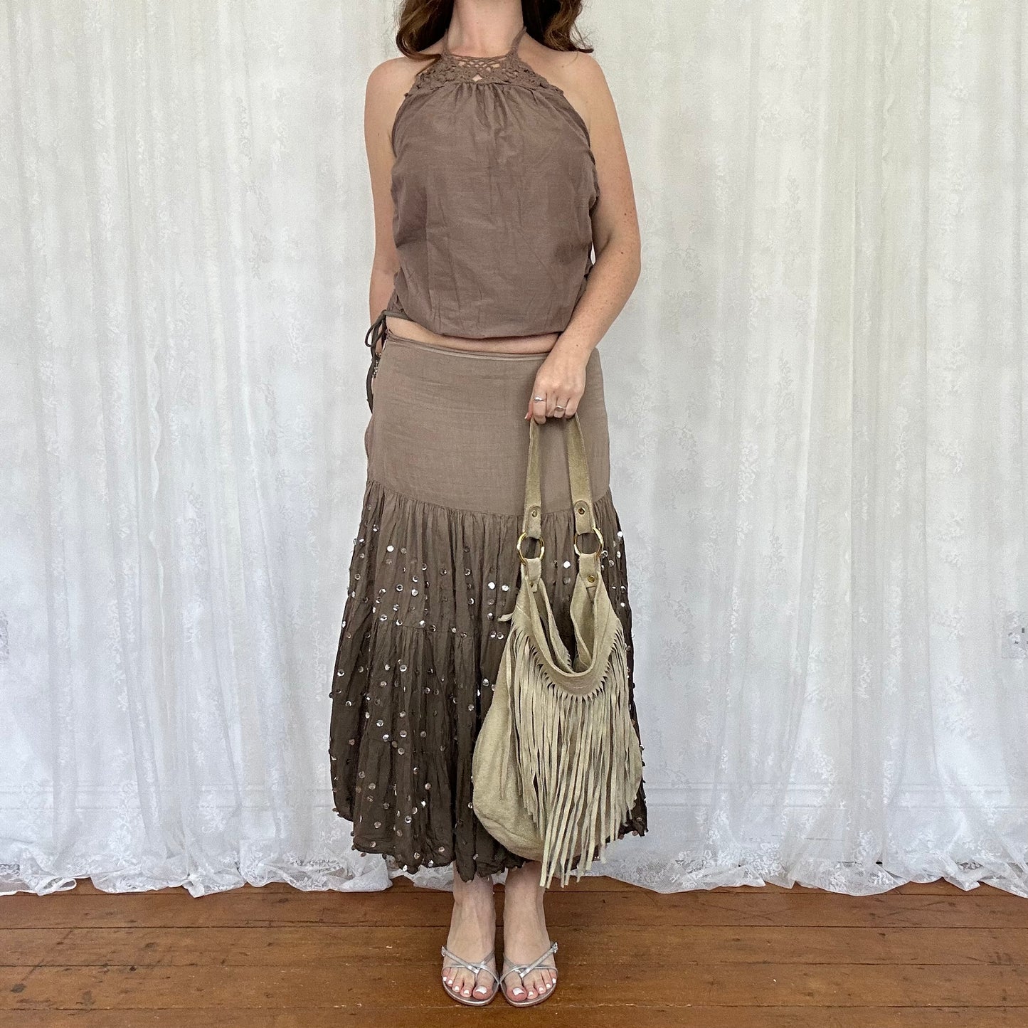 vintage 00s leather tassle shoulder bag