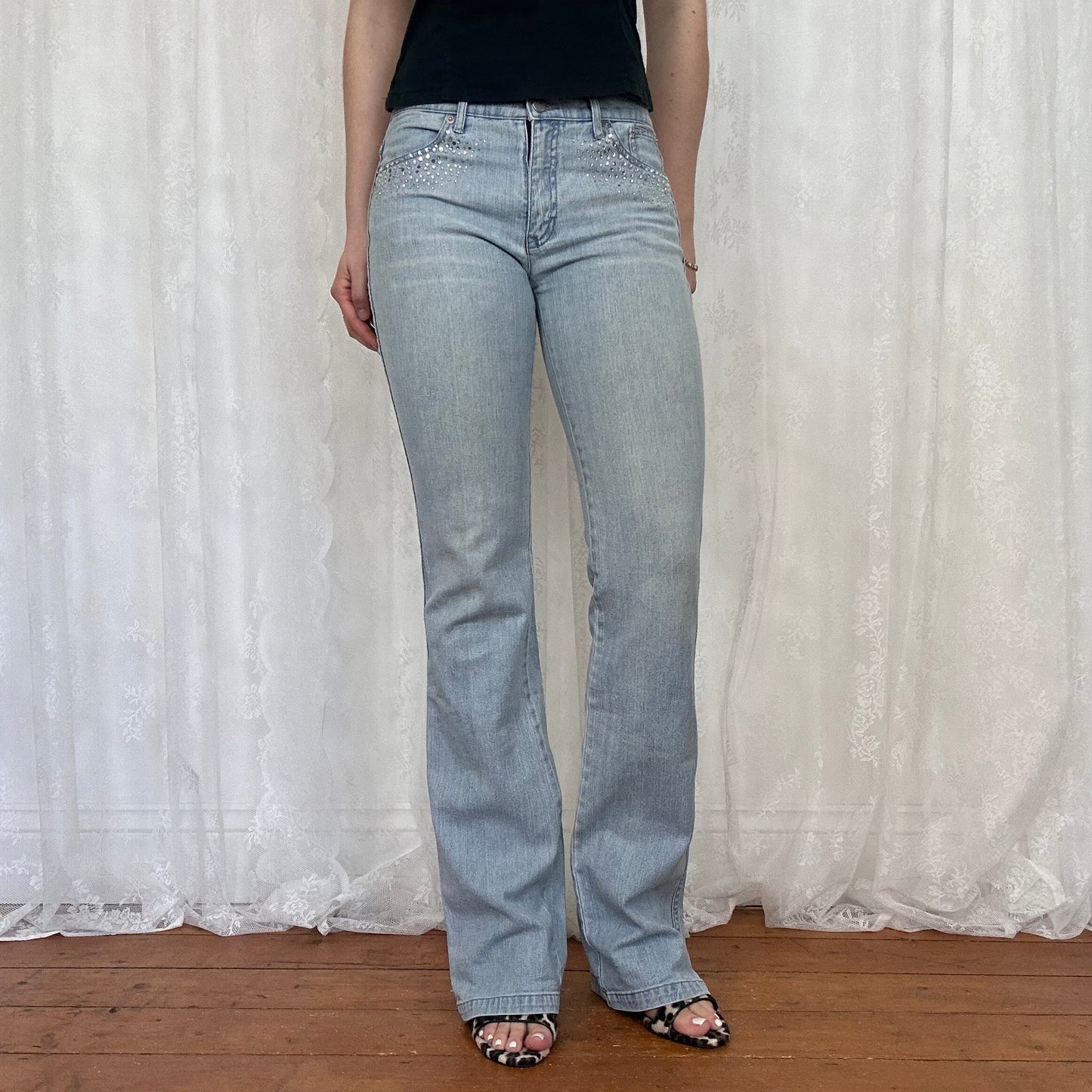 vintage 00s light wash diamante low rise jeans
