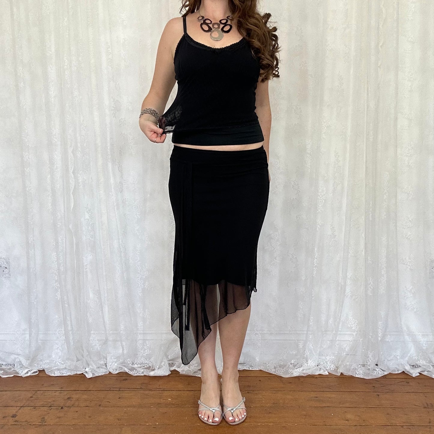vintage 00s black pointelle sequin trim cami