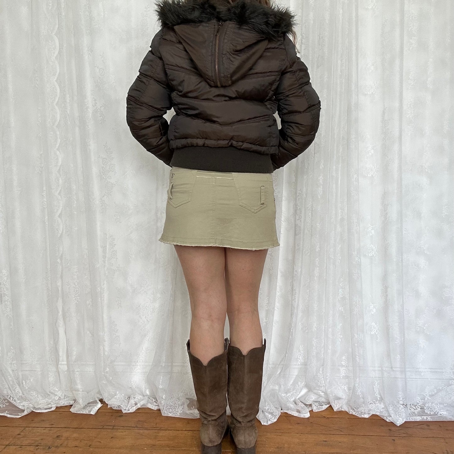 vintage 00s brown zip hooded puffer jacket