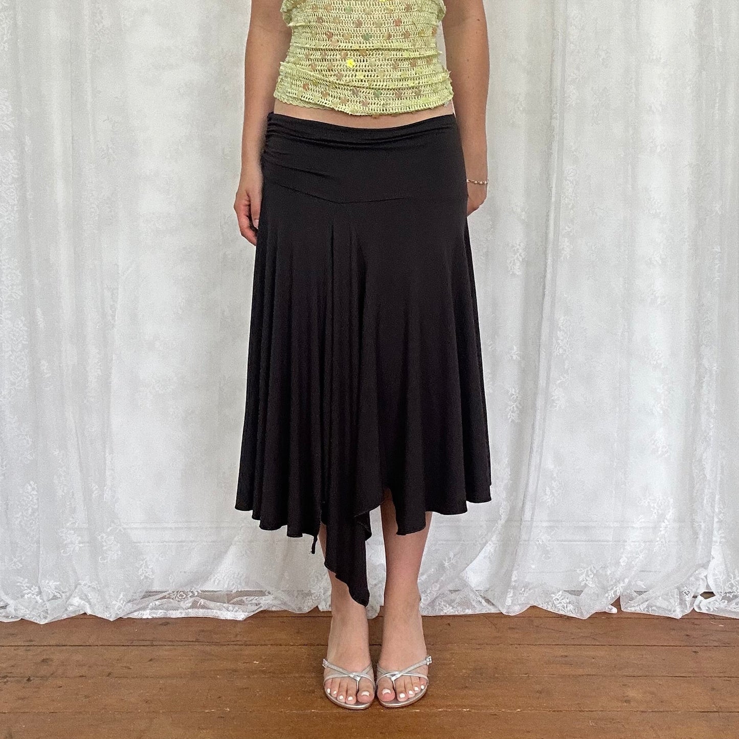 vintage 00s brown asymmetrical hem midi skirt