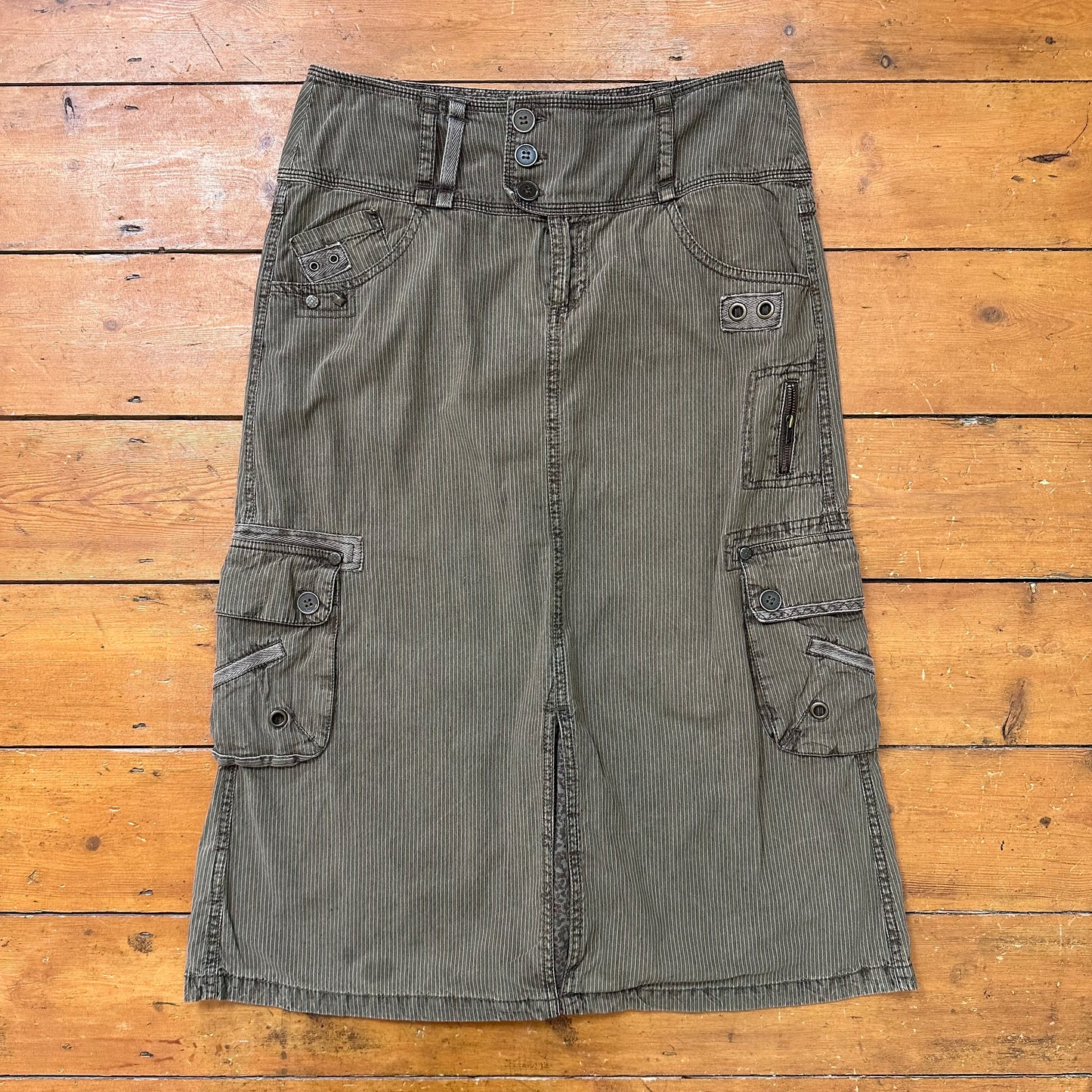 vintage 00s khaki and brown pinstripe cargo midi skirt