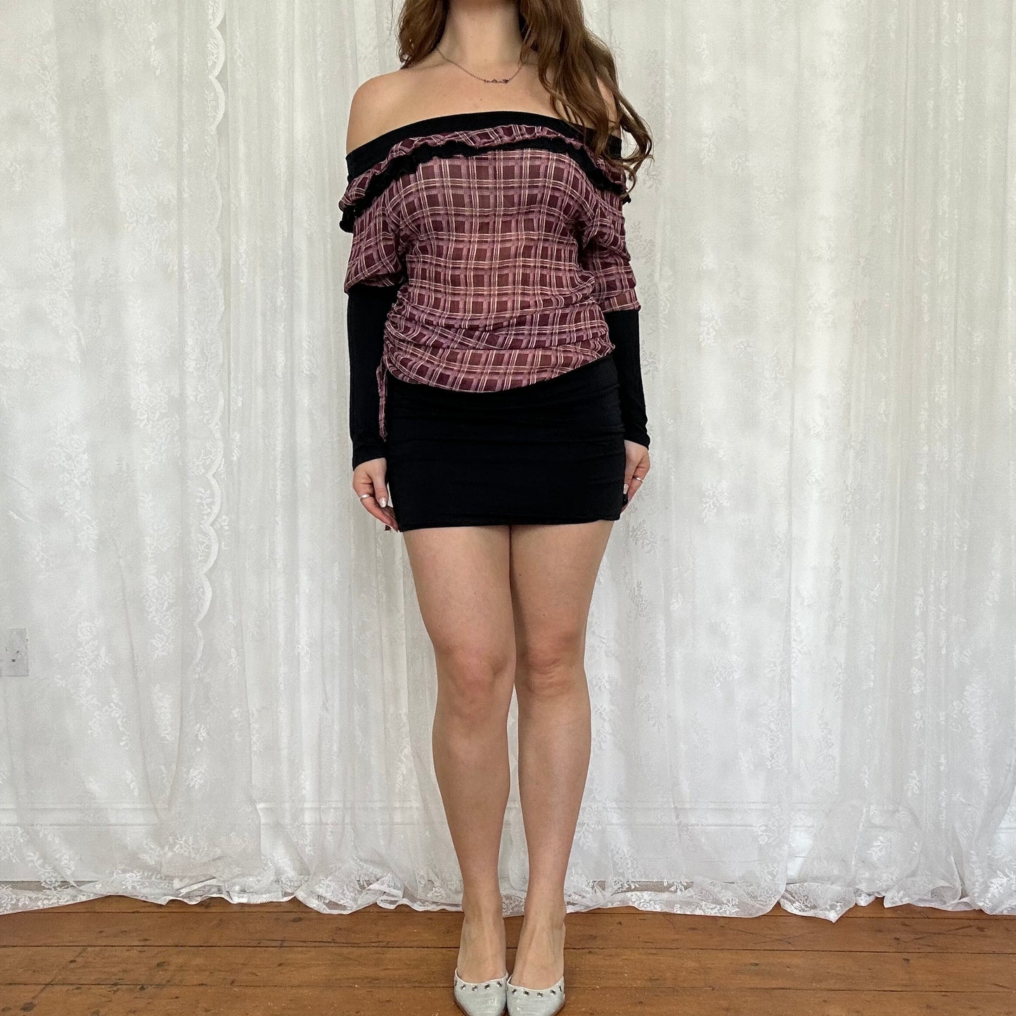 vintage 00s purple mesh checkered mini dress
