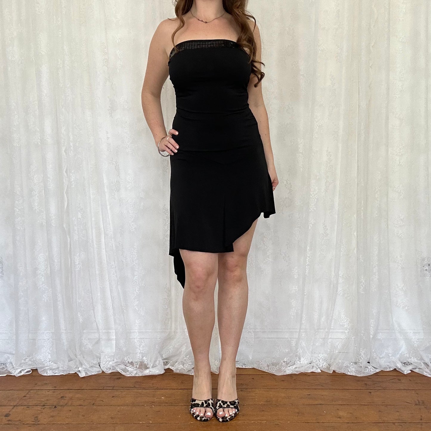 vintage 00s black strapless sequin fairy hem mini dress
