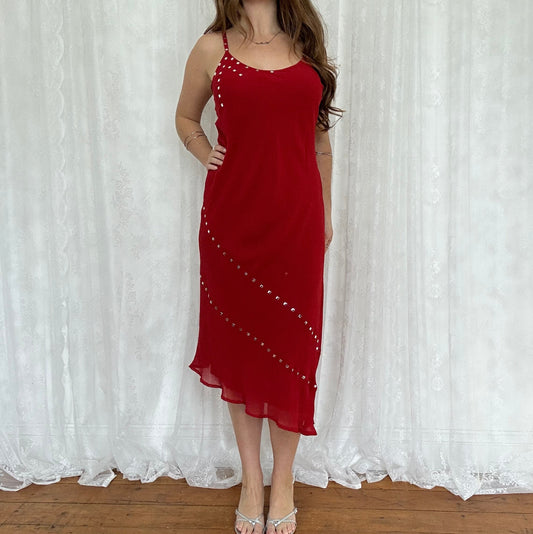 vintage 00s red stud detail midi dress