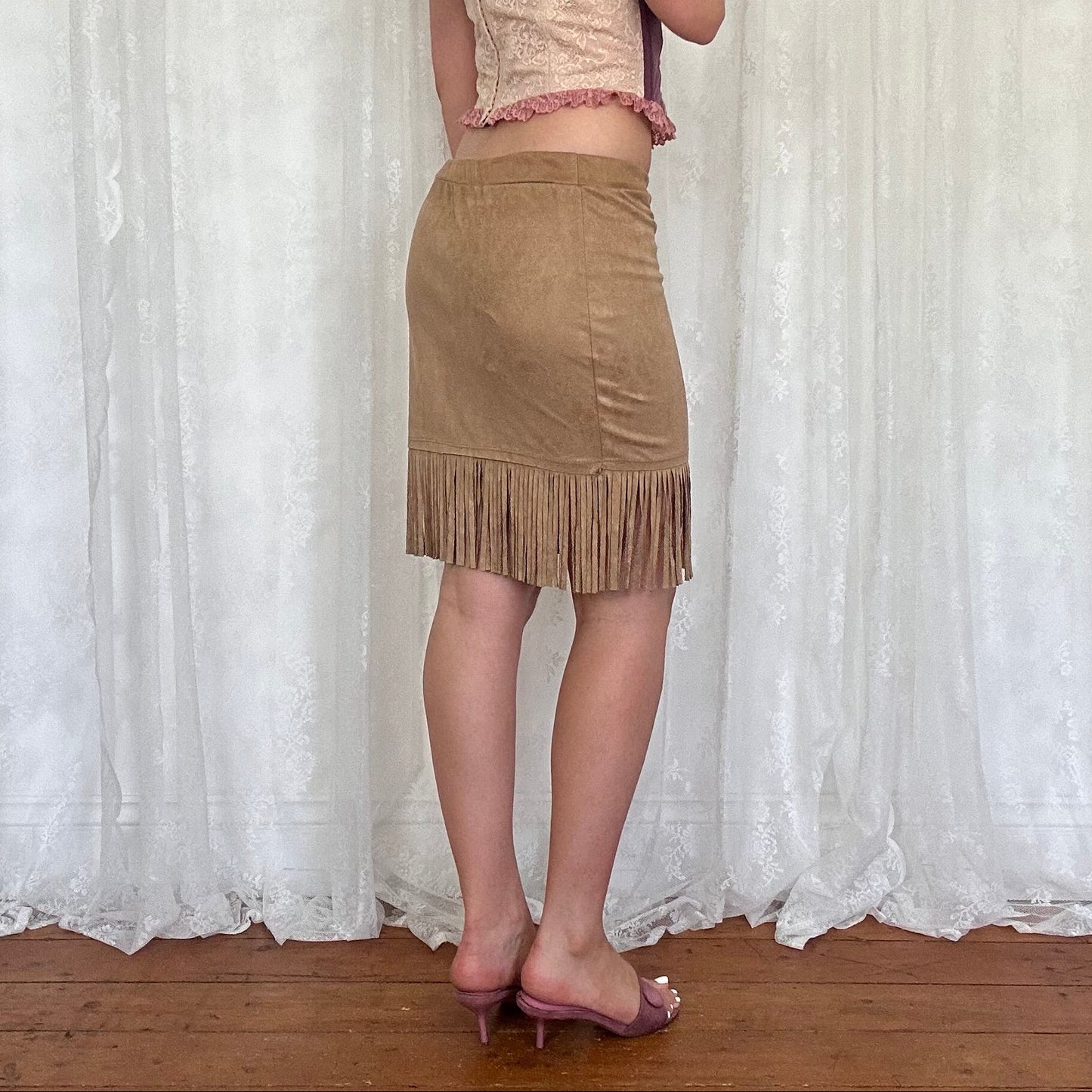 vintage 00s tan faux suede fringe midi skirt