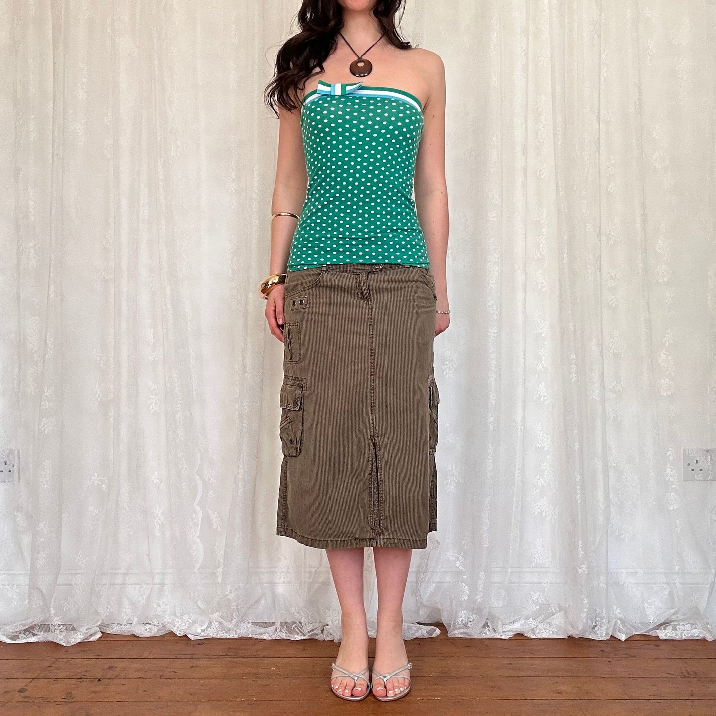vintage 00s green polka dot strapless top