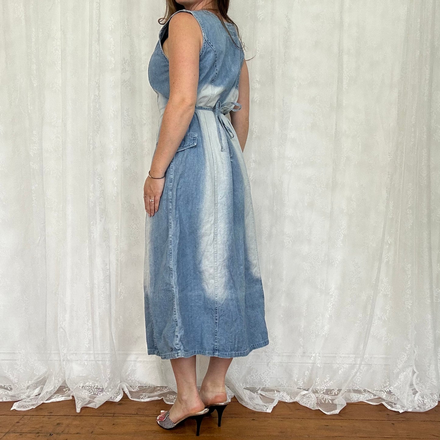 vintage 00s washed denim tie back midi dress