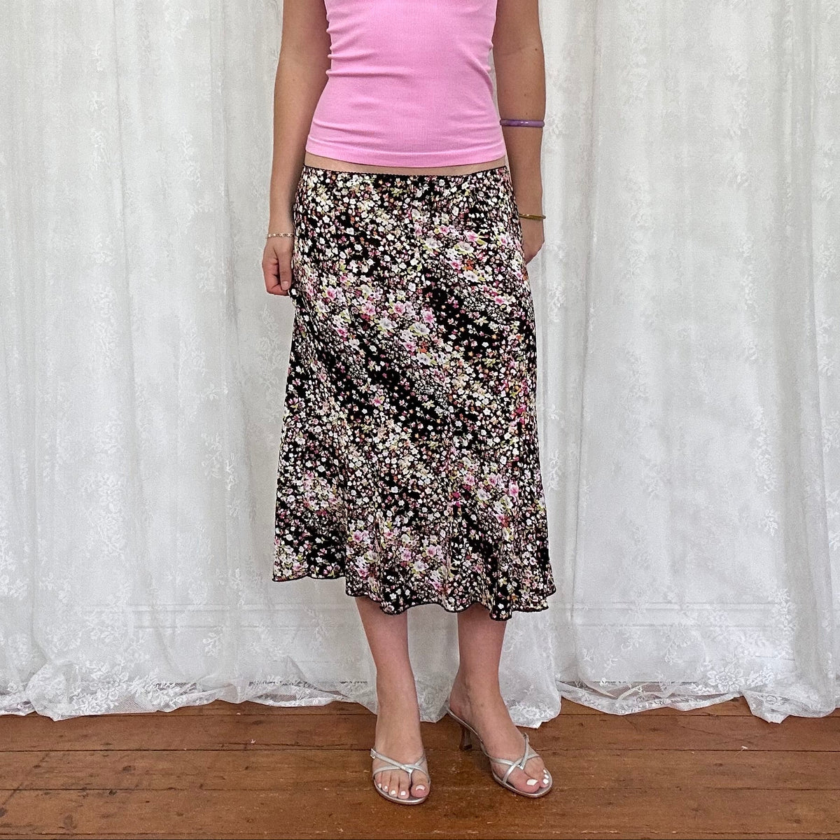 vintage 00s black floral print midi skirt