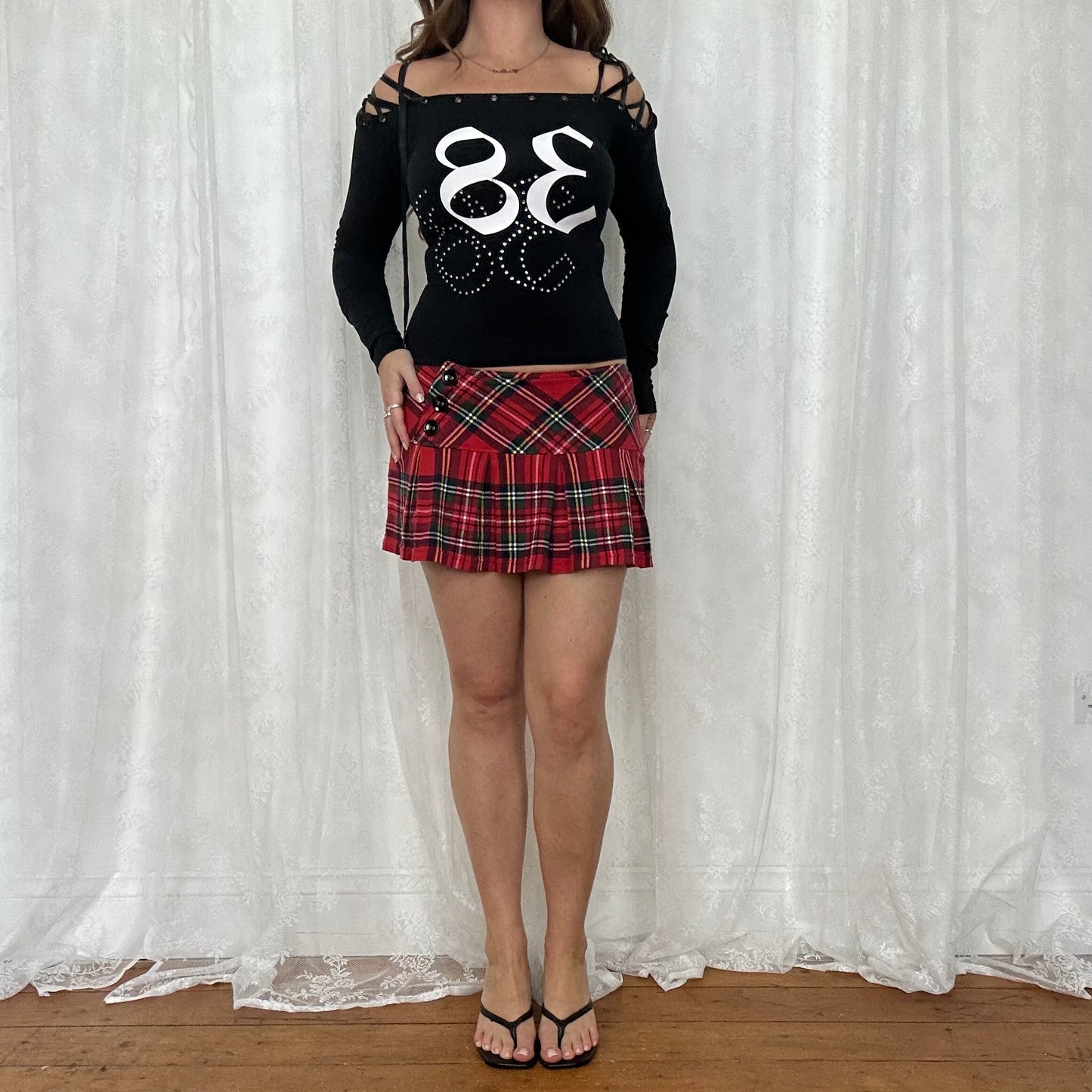 vintage 00s black off shoudler eyelet '38' long sleeve top