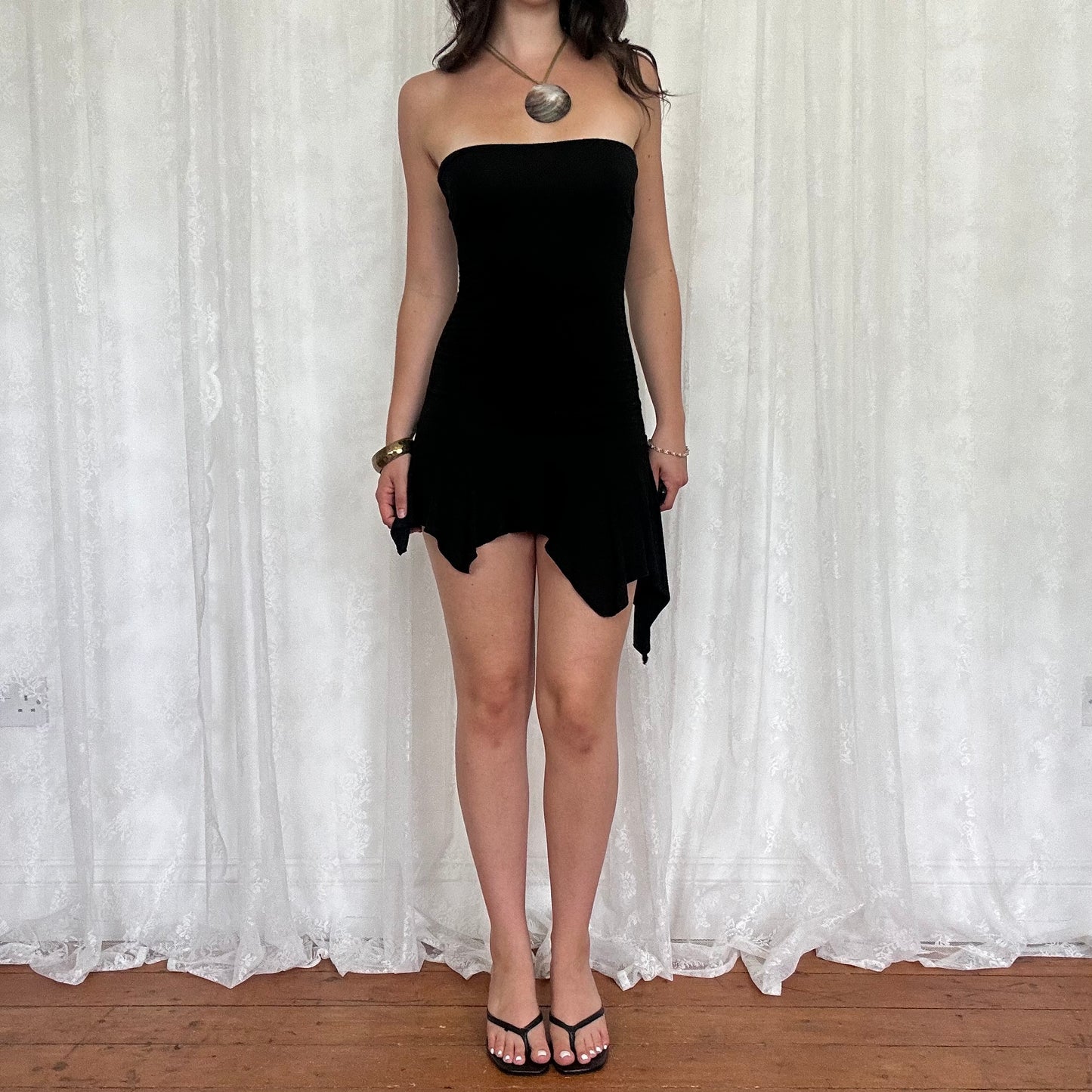 vintage 00s black strapless hanky hem mini dress