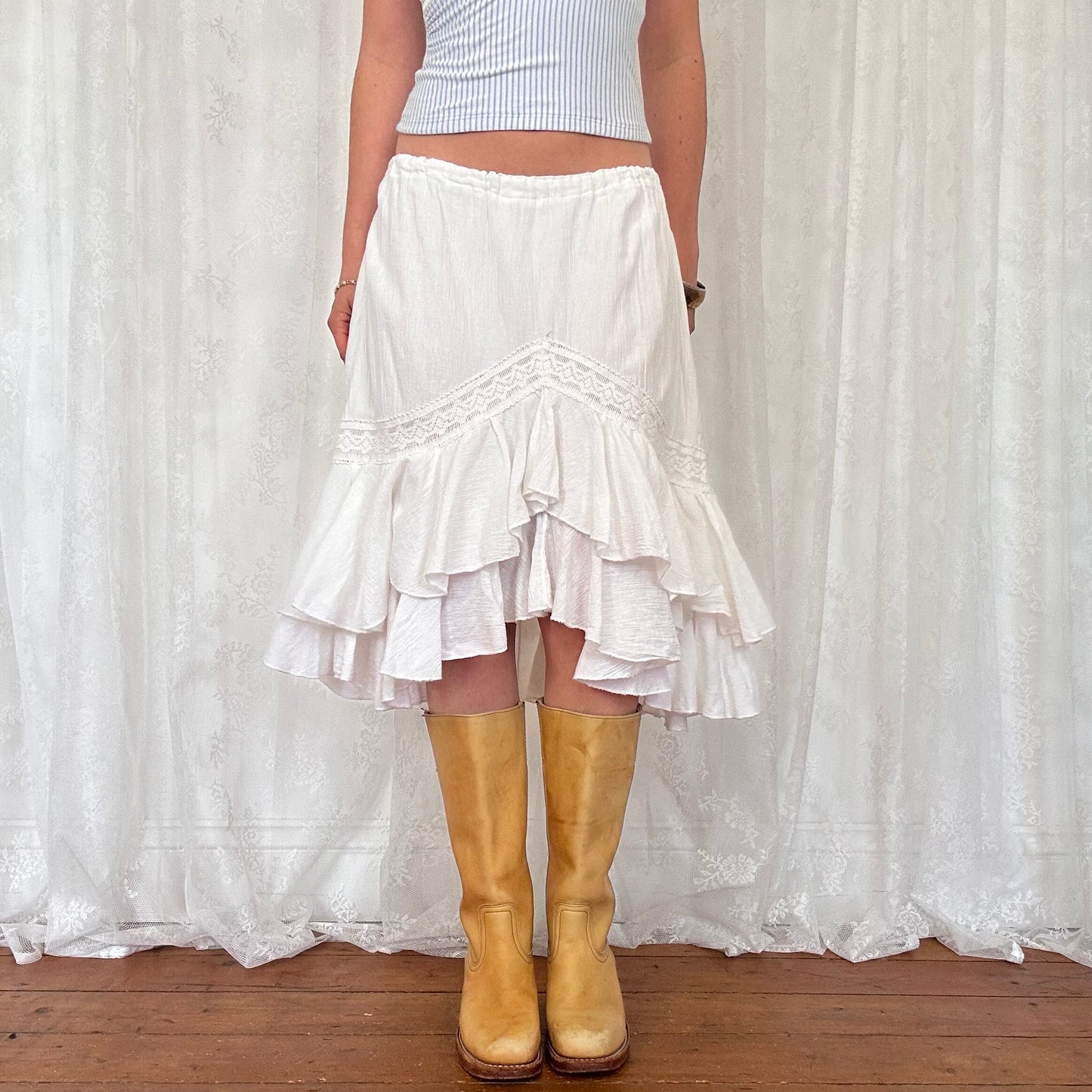 vintage 00s white ruffle hem asymmetrical midi skirt