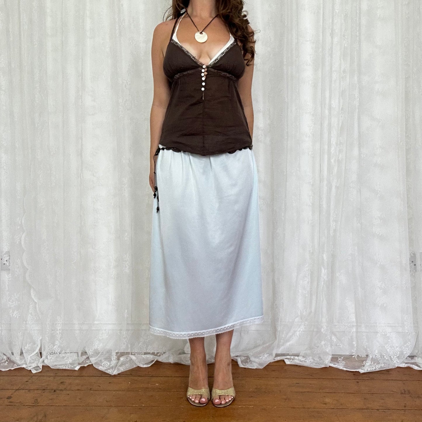 vintage 00s brown lacy button detail cami