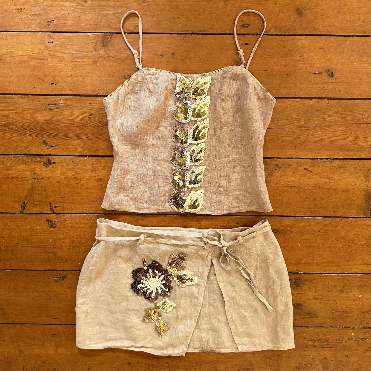 vintage 00s beige sequin cami and tie side skirt co ord