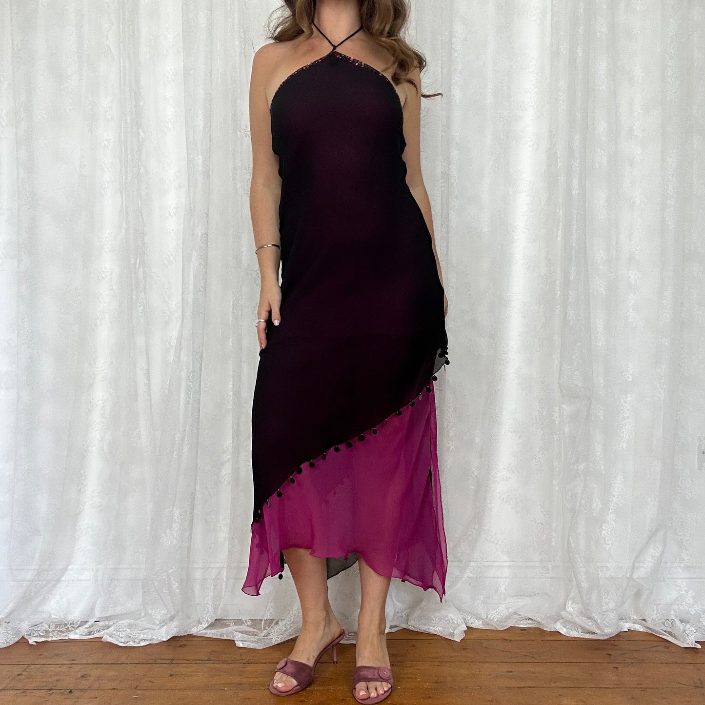 vintage 00s rene derhy pink and black sequin mesh midi dress