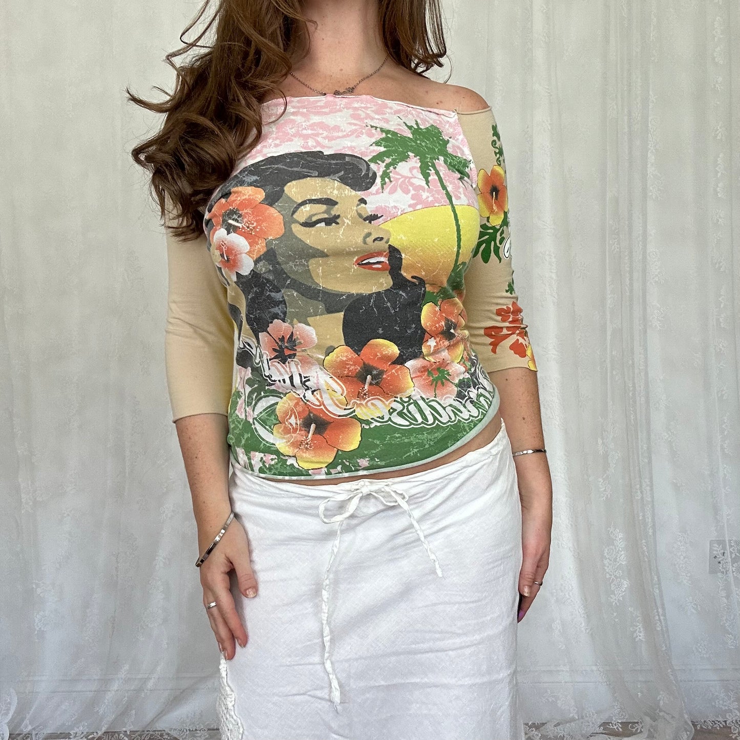 vintage 00s Morgan de toi hibiscus 3/4 sleeve graphic top