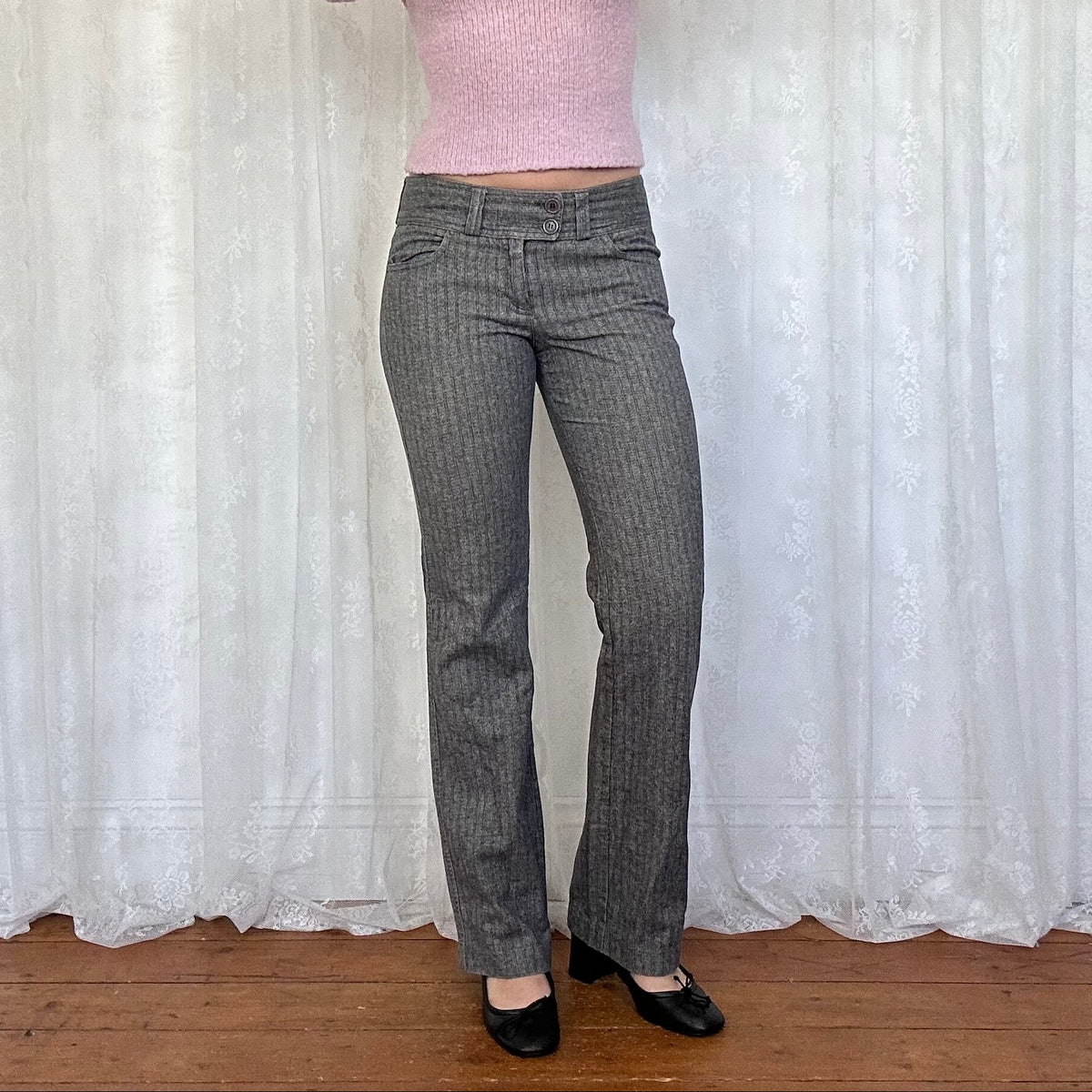 vintage 00s grey pinstripe low rise suit trousers