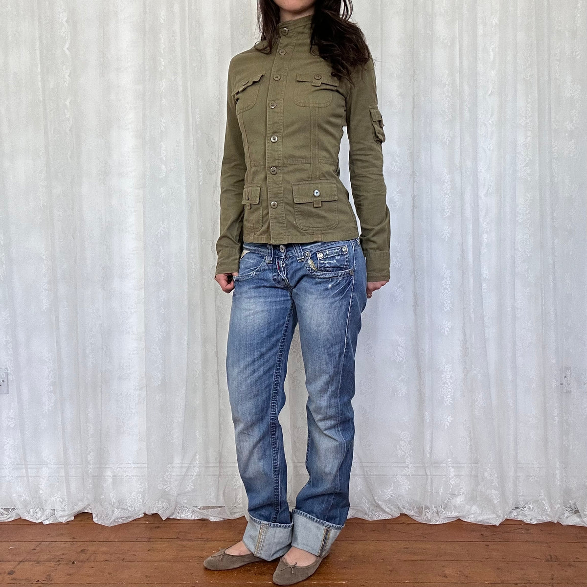 vintage 00s khaki fitted utility jacket