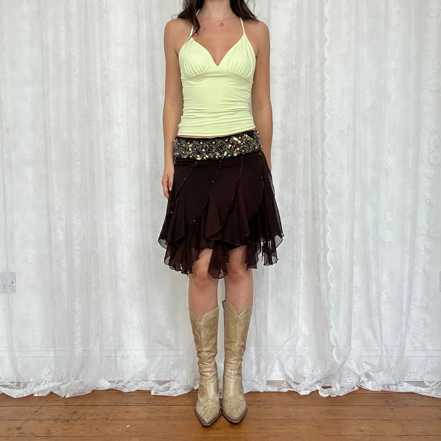 vintage 00s brown sequin frill mesh midi skirt
