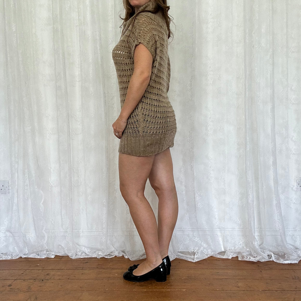 vintage 00s brown crochet short sleeve jumper/ mini dress