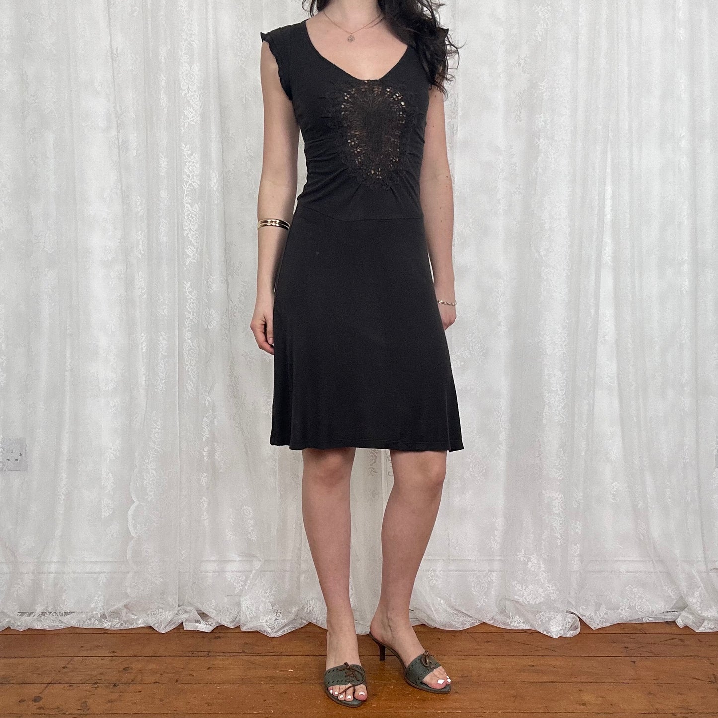vintage 00s brown crochet detail midi dress
