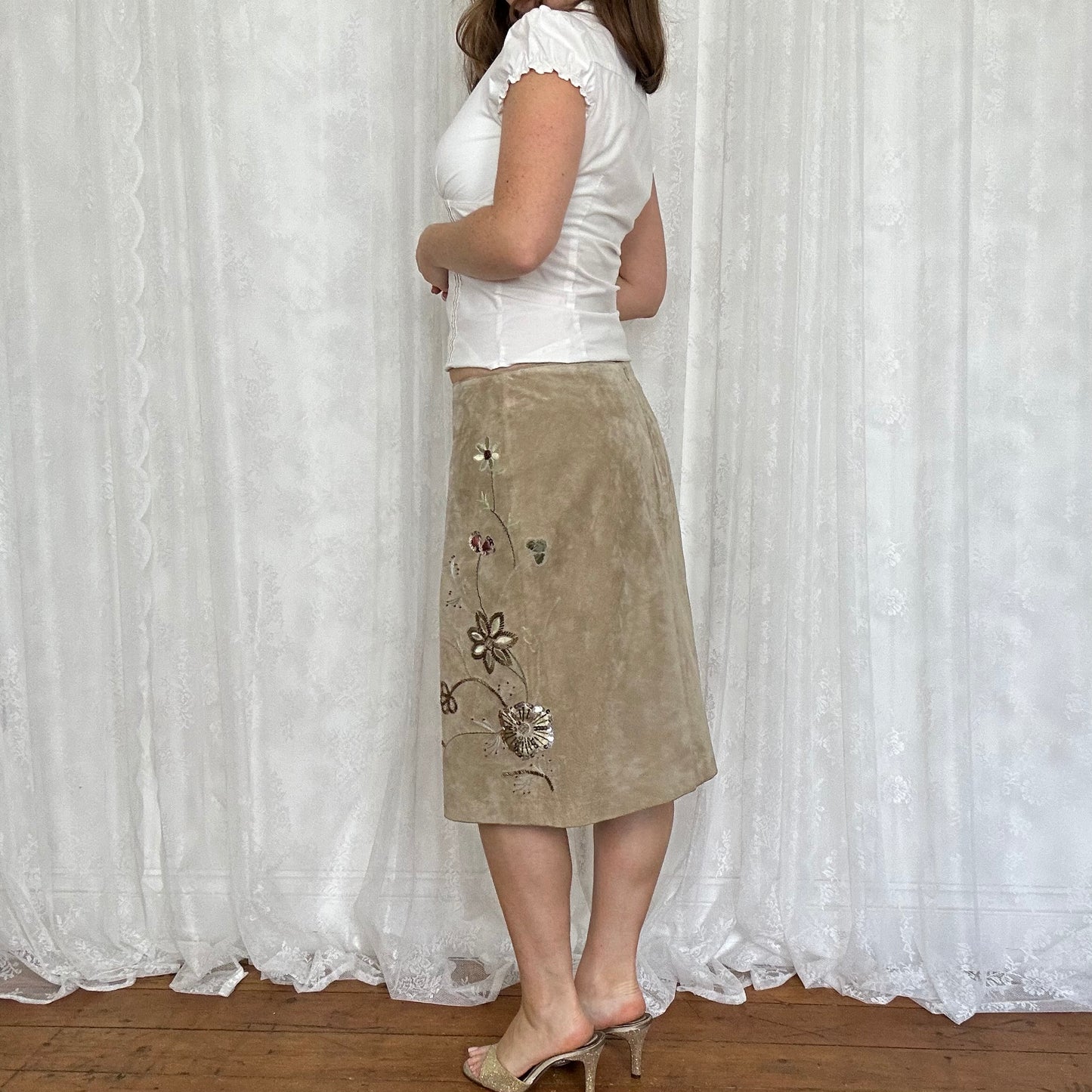 vintage 00s leather sequin embroidered midi skirt