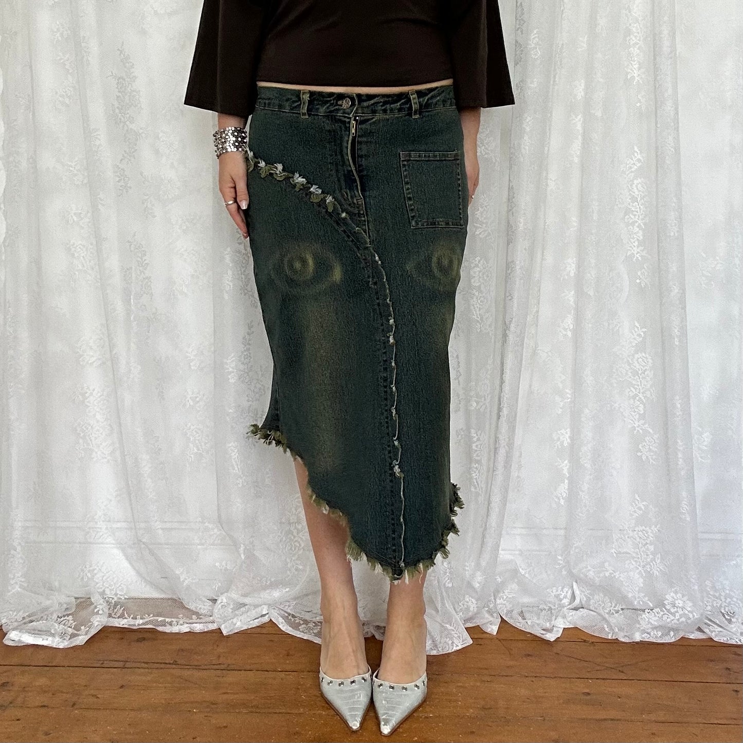 vintage 00s green and blue bleached denim midi skirt