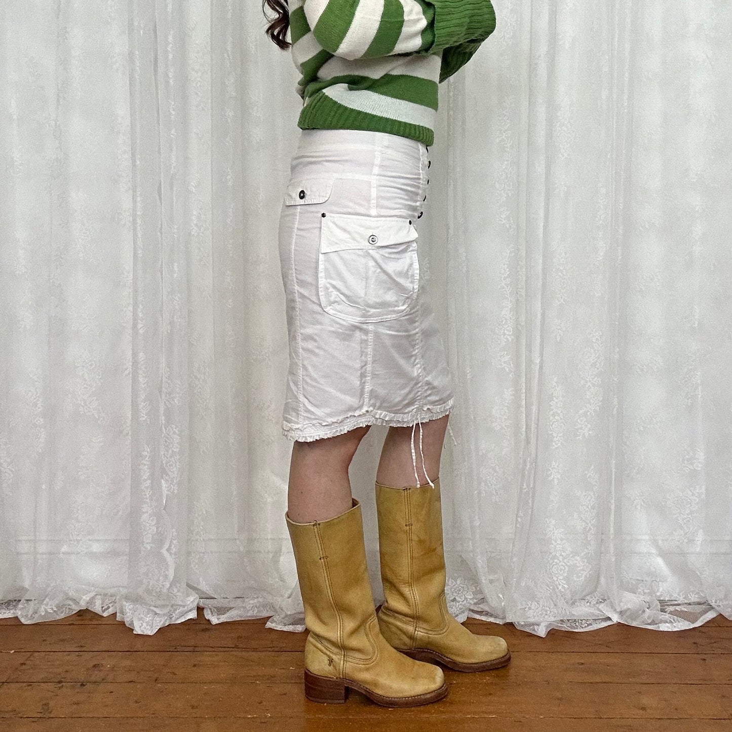 vintage 00s white button up cargo midi skirt