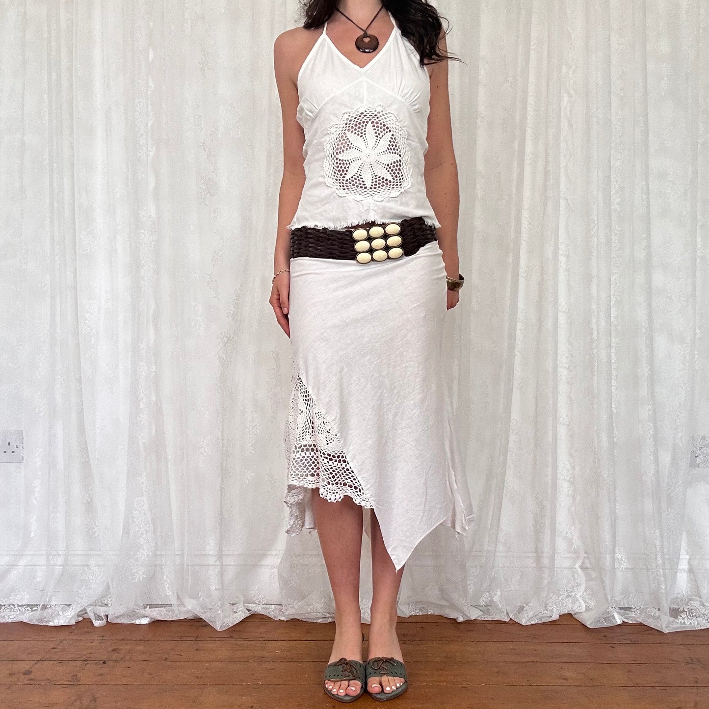 vintage 00s white crochet detail halter top and asymmetrical midi skirt co ord