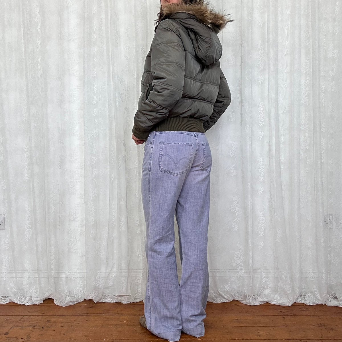 vintage 00s grey / brown hooded bomber with faux fur trim
